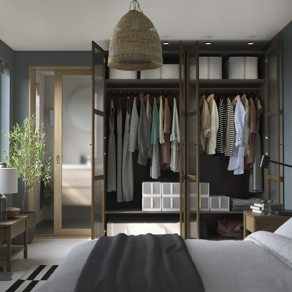 PAX / TONSTAD - Wardrobe combination, dark grey brown/ oak veneer/glass stain,200x60x236 cm