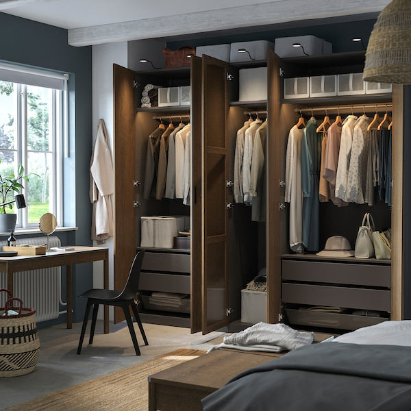 PAX / TONSTAD - Wardrobe combination, dark grey brown/ oak veneer/glass stain,250x60x236 cm