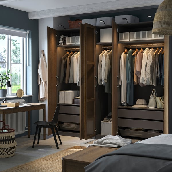 PAX / TONSTAD - Wardrobe combination, dark grey brown/ oak veneer/glass stain,250x60x236 cm