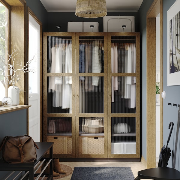 PAX / TONSTAD - Wardrobe combination, dark grey brown/ oak veneer/glass stain,150x60x201 cm