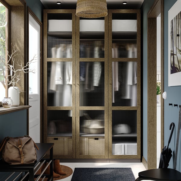 PAX / TONSTAD wardrobe combination, dark grey brown/stained oak veneer glass, 150x60x236 cm