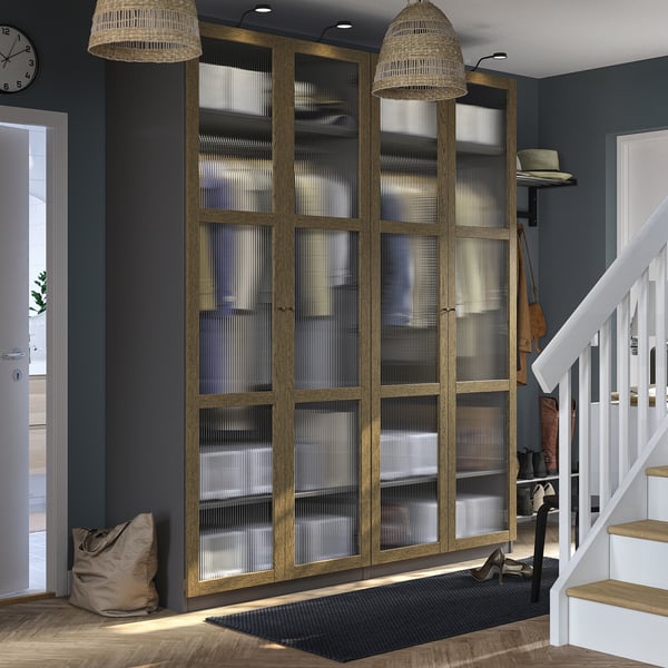PAX / TONSTAD - Wardrobe combination, dark grey brown/ oak veneer/glass stain,200x60x236 cm