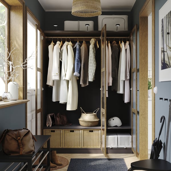 PAX / TONSTAD - Wardrobe combination, dark grey brown/ oak veneer/glass stain,150x60x201 cm
