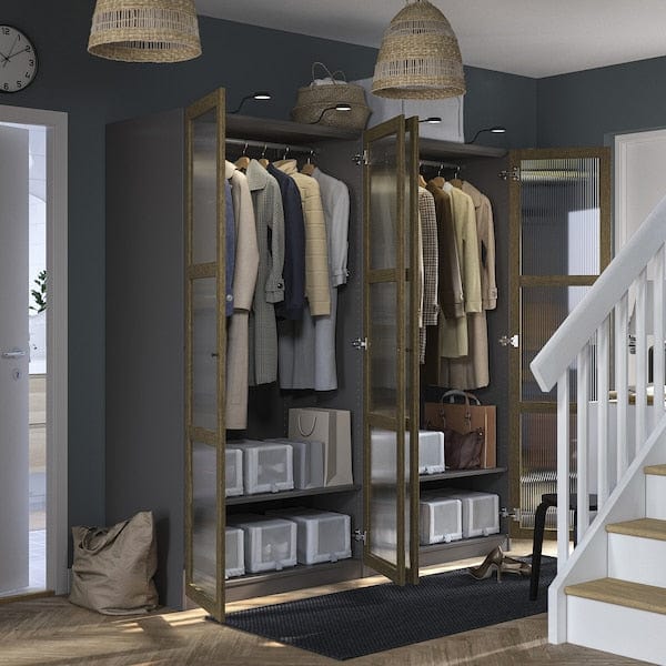 Ikea PAX / TONSTAD - Wardrobe combination, dark grey brown/ oak veneer/glass stain,200x60x201 cm