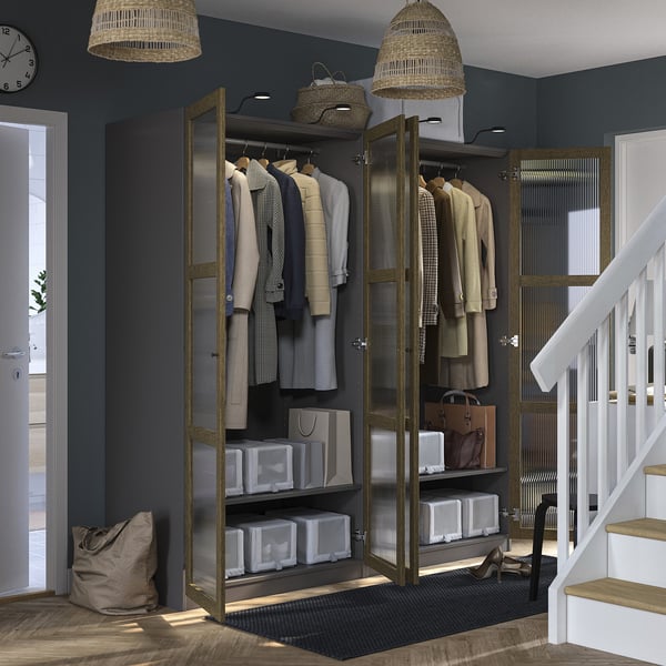 PAX / TONSTAD - Wardrobe combination, dark grey brown/ oak veneer/glass stain,200x60x201 cm
