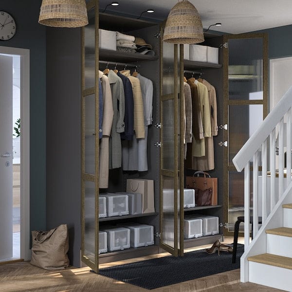 Ikea PAX / TONSTAD - Wardrobe combination, dark grey brown/ oak veneer/glass stain,200x60x236 cm
