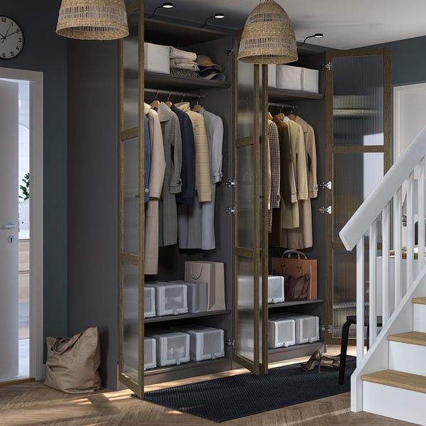 PAX / TONSTAD - Wardrobe combination, dark grey brown/ oak veneer/glass stain,200x60x236 cm