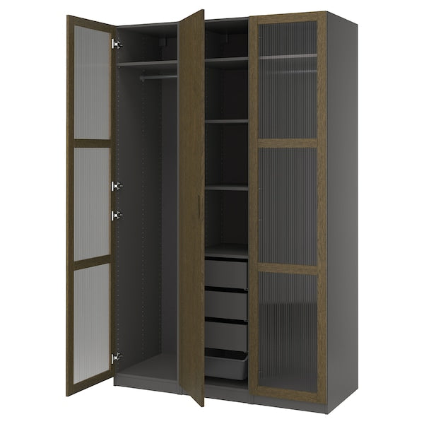 PAX / TONSTAD - Cloakroom combination, dark grey-brown/oak veneer/glass stain,150x60x236 cm