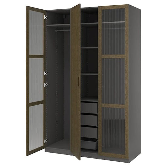 Ikea PAX / TONSTAD - Cloakroom combination, dark grey-brown/oak veneer/glass stain,150x60x236 cm