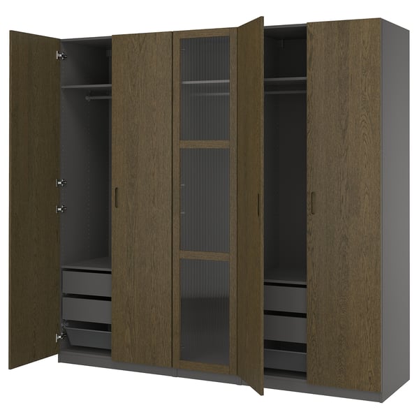 PAX / TONSTAD - Wardrobe combination, dark grey brown/ oak veneer/glass stain,250x60x236 cm