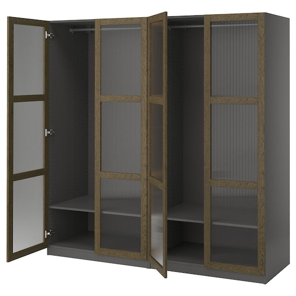 PAX / TONSTAD - Wardrobe combination, dark grey brown/ oak veneer/glass stain,200x60x201 cm