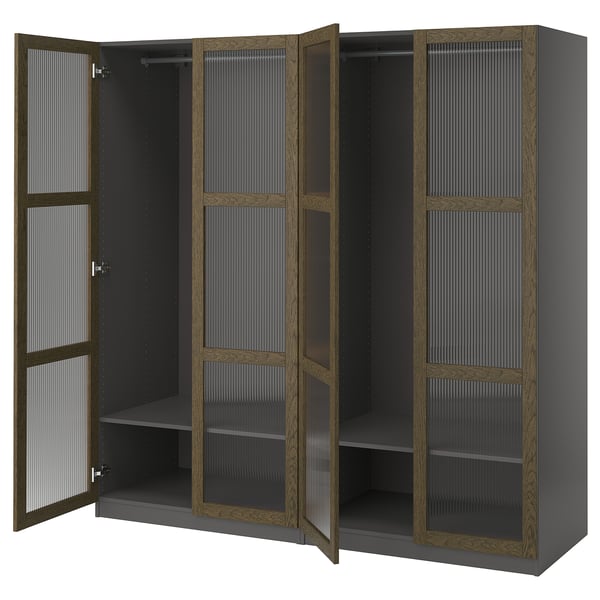 PAX / TONSTAD - Wardrobe combination, dark grey brown/ oak veneer/glass stain,200x60x201 cm