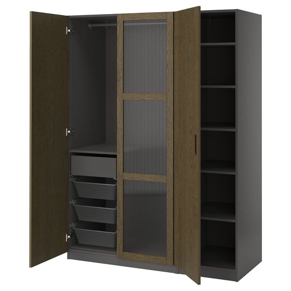 PAX / TONSTAD - Wardrobe combination, dark grey brown/ oak veneer/glass stain,150x60x201 cm