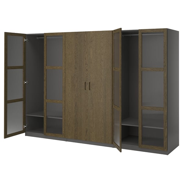 PAX / TONSTAD wardrobe combination, dark grey brown/stained oak veneer glass, 300x60x201 cm