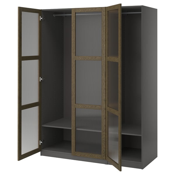 PAX / TONSTAD - Wardrobe combination, dark grey brown/ oak veneer/glass stain,150x60x201 cm