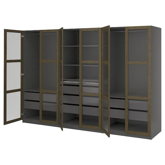 Ikea PAX / TONSTAD - Combination of wardrobe, dark gray-brown/oak veneer/mordant glass,300x60x201 cm