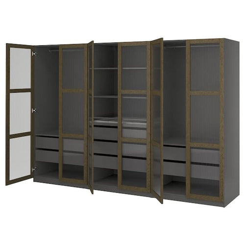 PAX / TONSTAD - Combination of wardrobe, dark gray-brown/oak veneer/mordant glass,300x60x201 cm
