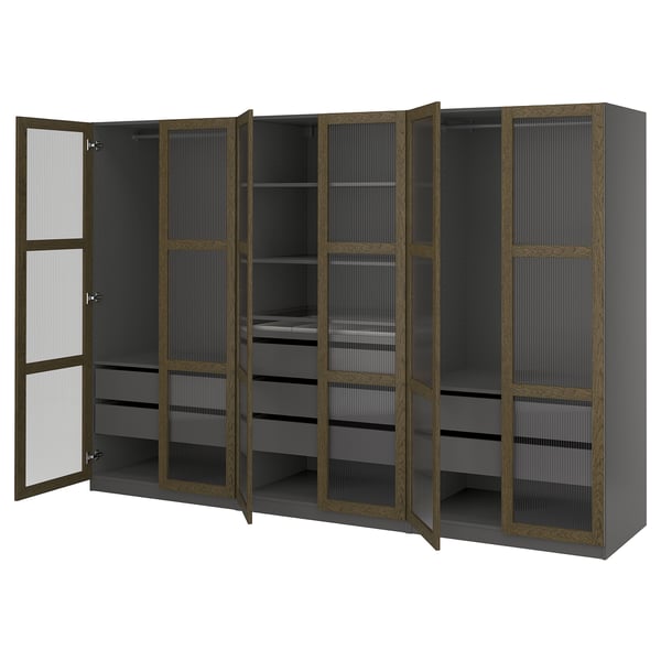 PAX / TONSTAD - Combination of wardrobe, dark gray-brown/oak veneer/mordant glass,300x60x201 cm