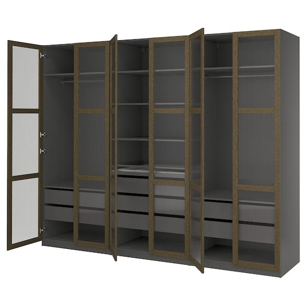 Ikea PAX / TONSTAD - Combination of wardrobe, dark gray brown/oak veneer/mordant glass,300x60x236 cm