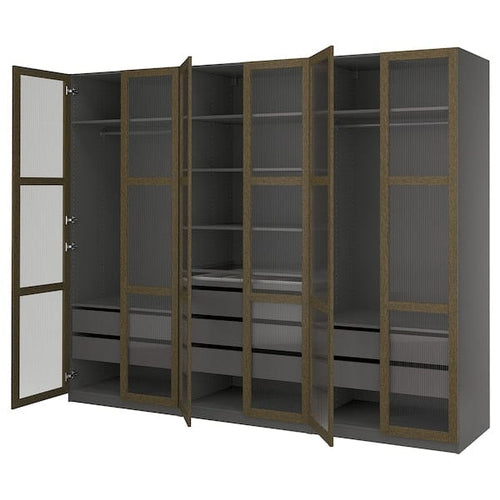 PAX / TONSTAD - Combination of wardrobe, dark gray brown/oak veneer/mordant glass,300x60x236 cm