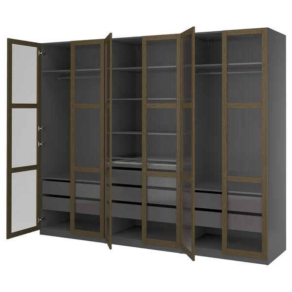 PAX / TONSTAD wardrobe combination, dark grey brown/stained oak veneer glass, 300x60x236 cm
