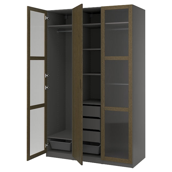 PAX / TONSTAD - Cloakroom combination, dark grey-brown/oak veneer/glass stain,150x60x236 cm