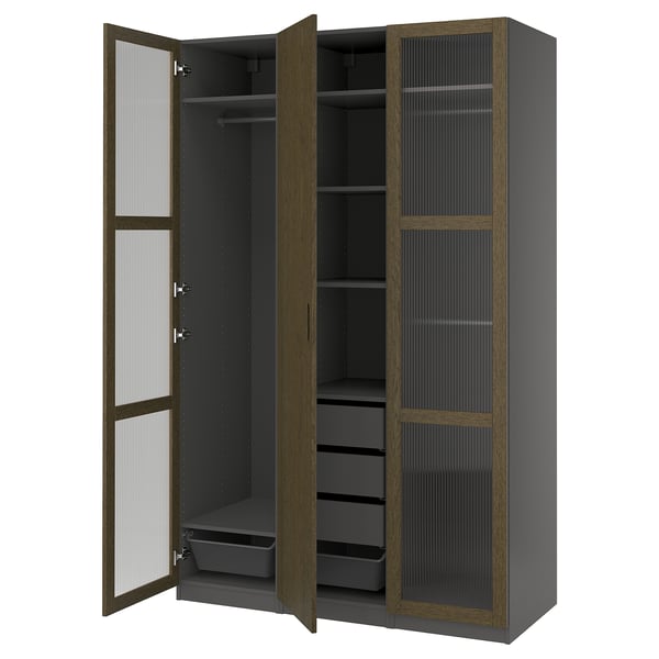 PAX / TONSTAD wardrobe combination, dark grey brown/stained oak veneer glass, 150x60x236 cm