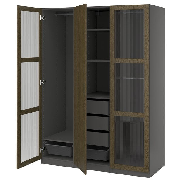 PAX / TONSTAD - Wardrobe combination, dark grey brown/ oak veneer/glass stain,150x60x201 cm