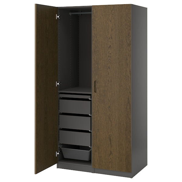 PAX / TONSTAD - Wardrobe combination, dark grey/brown oak veneer/stained,100x60x201 cm