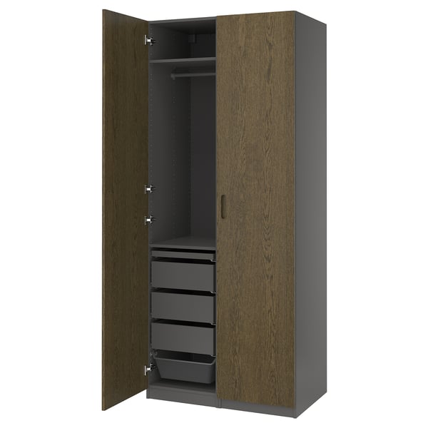 PAX / TONSTAD - Wardrobe combination, dark gray/brown oak veneer/mordant,100x60x236 cm