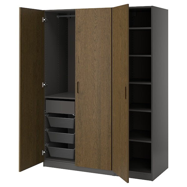 PAX / TONSTAD - Wardrobe combination, dark grey/brown oak veneer/stained,150x60x201 cm