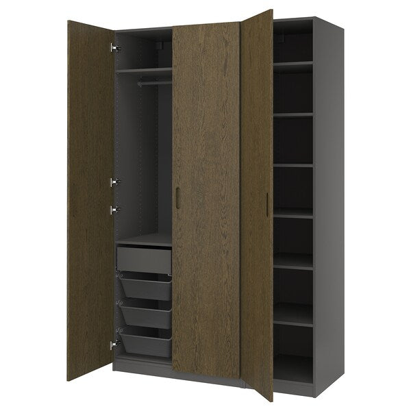 PAX / TONSTAD - Wardrobe combination, dark grey/brown oak veneer/stained,150x60x236 cm