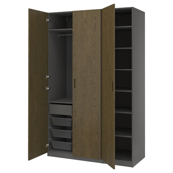 PAX / TONSTAD wardrobe combination, dark grey/brown stained oak veneer, 150x60x236 cm