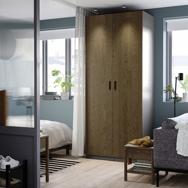 PAX / TONSTAD - Wardrobe combination, dark gray/brown oak veneer/mordant,100x60x236 cm