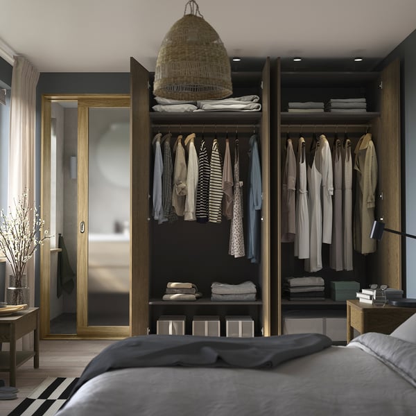 PAX / TONSTAD - Wardrobe combination, dark grey/brown oak veneer/stainless,200x60x236 cm