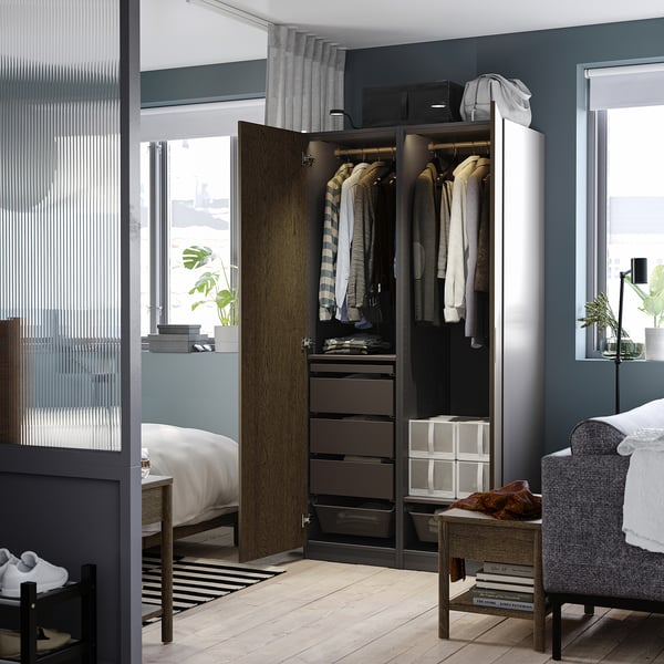 PAX / TONSTAD wardrobe combination, dark grey/brown stained oak veneer, 100x60x201 cm