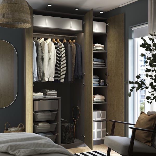 PAX / TONSTAD wardrobe combination, dark grey/brown stained oak veneer, 150x60x236 cm