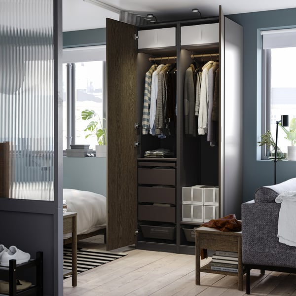 PAX / TONSTAD - Wardrobe combination, dark gray/brown oak veneer/mordant,100x60x236 cm