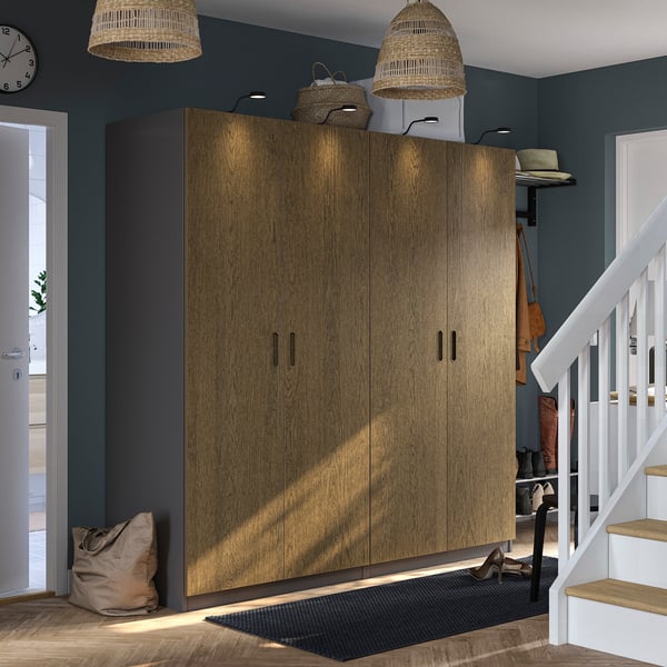 PAX / TONSTAD wardrobe combination, dark grey/brown stained oak veneer, 200x60x201 cm