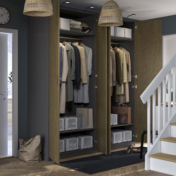 PAX / TONSTAD wardrobe combination, dark grey/brown stained oak veneer, 200x60x236 cm