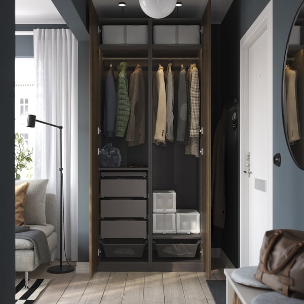 PAX / TONSTAD - Wardrobe combination, dark gray/brown oak veneer/mordant,100x60x236 cm