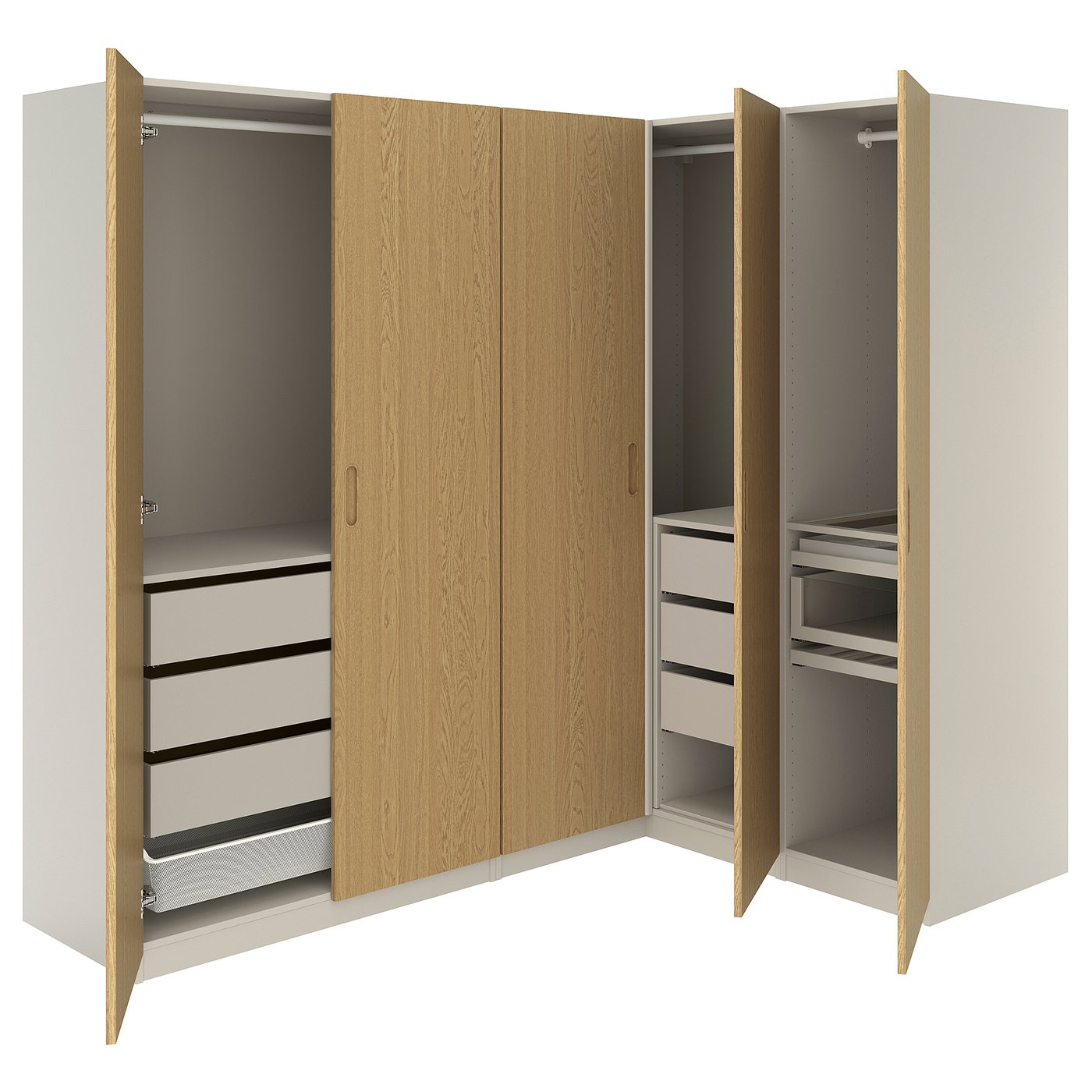 PAX / TONSTAD corner wardrobe, grey-beige/grey-beige oak veneer, 230.5x201.2 cm