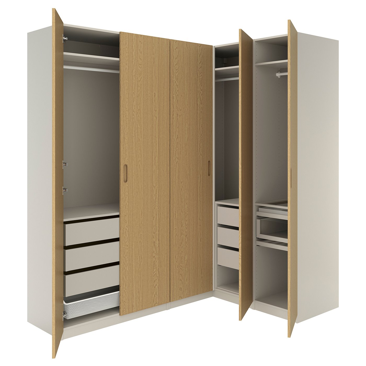 PAX / TONSTAD corner wardrobe, grey-beige/grey-beige oak veneer, 231/161x236 cm