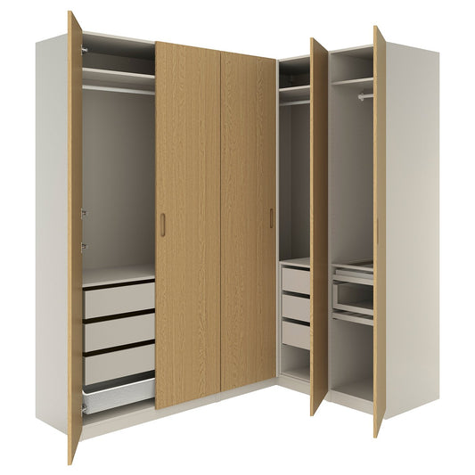 PAX / TONSTAD corner wardrobe, grey-beige/grey-beige oak veneer, 230.5x236.4 cm