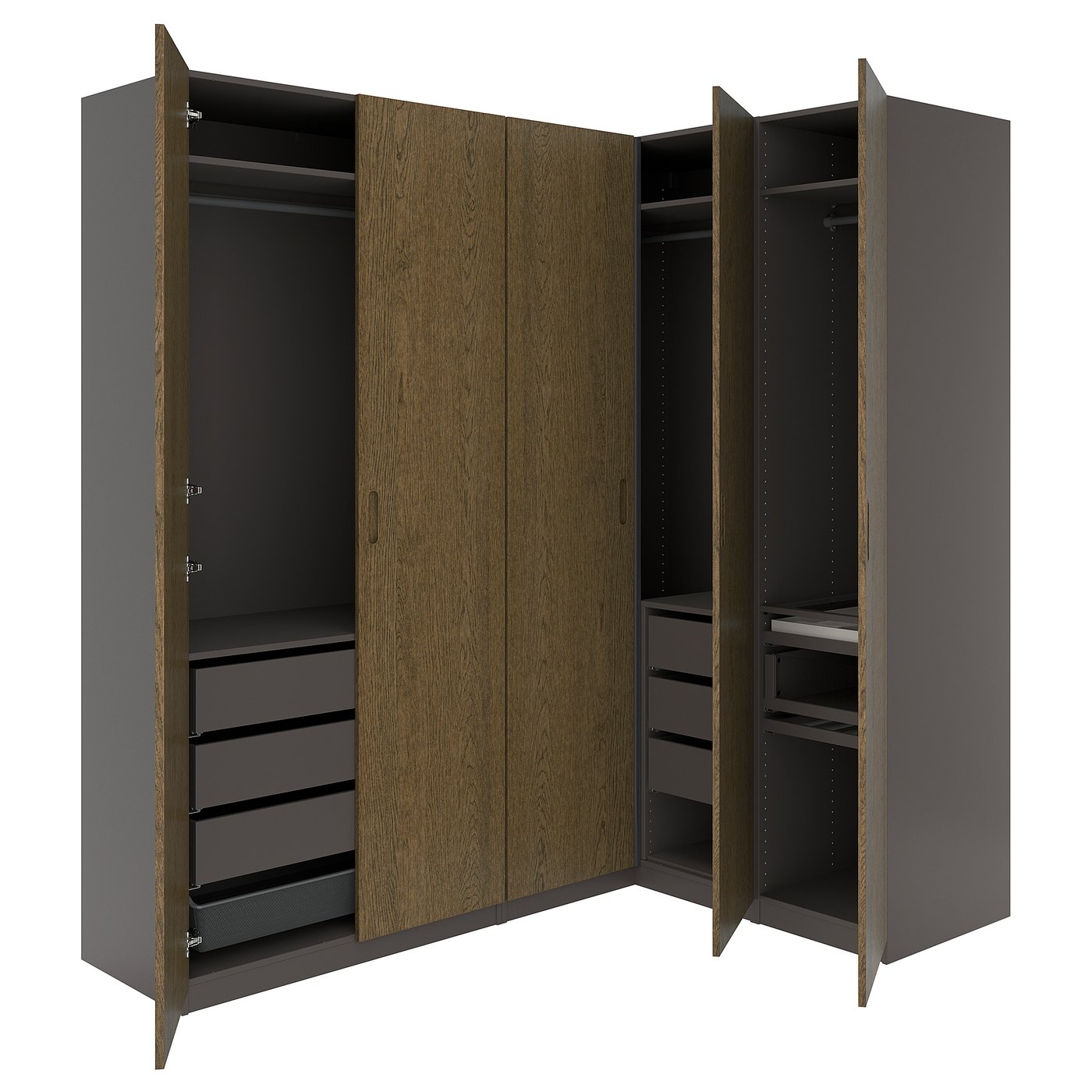 PAX / TONSTAD corner wardrobe, dark grey/brown stained oak veneer, 210.5x236.4 cm