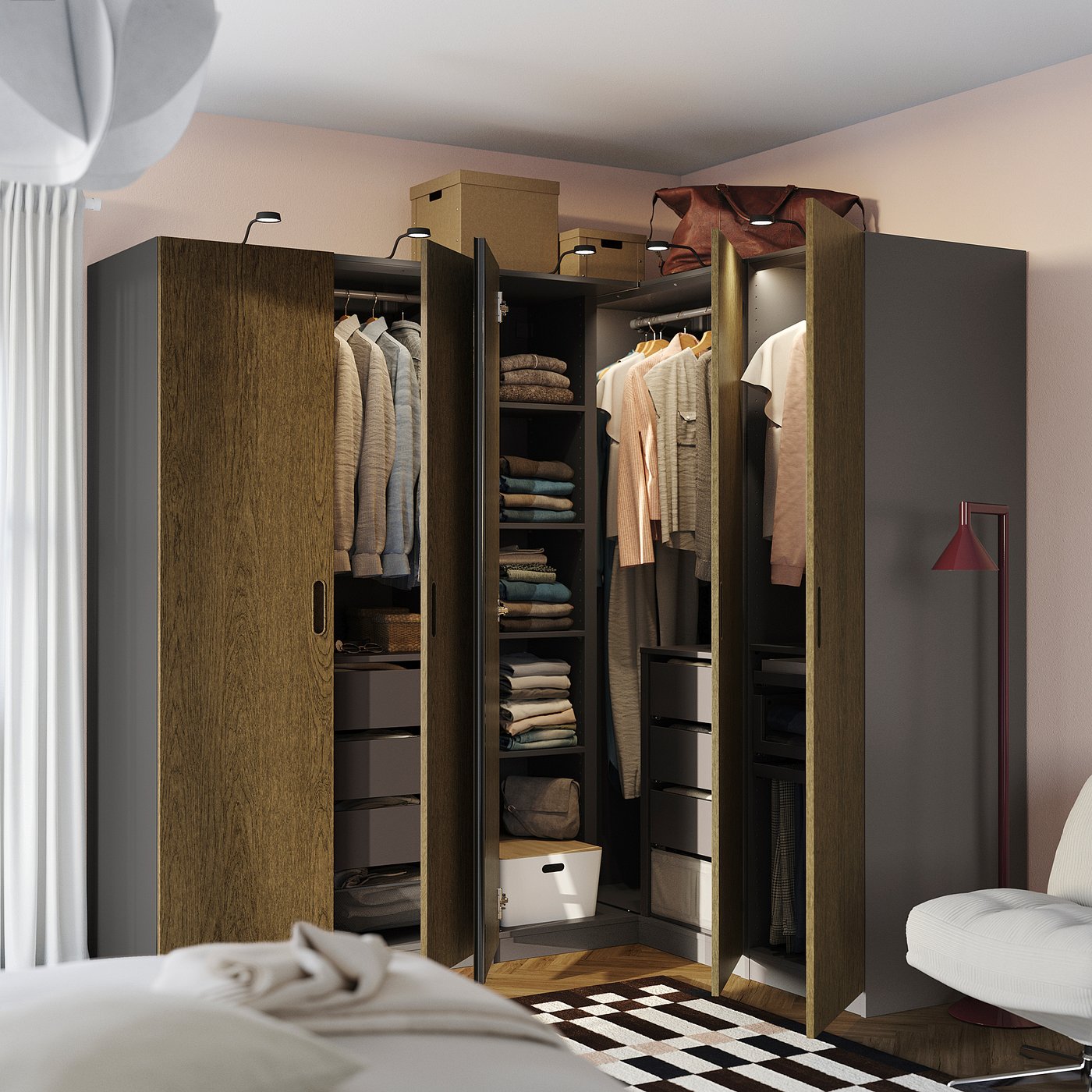 PAX / TONSTAD corner wardrobe, dark grey/brown stained oak veneer, 211/161x201 cm