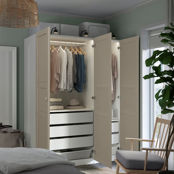 PAX / TYSSEDAL wardrobe combination, white/grey-beige, 150x60x201 cm
