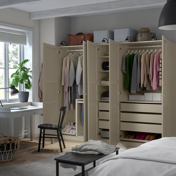PAX / TYSSEDAL wardrobe combination, grey-beige/grey-beige, 250x58x201 cm