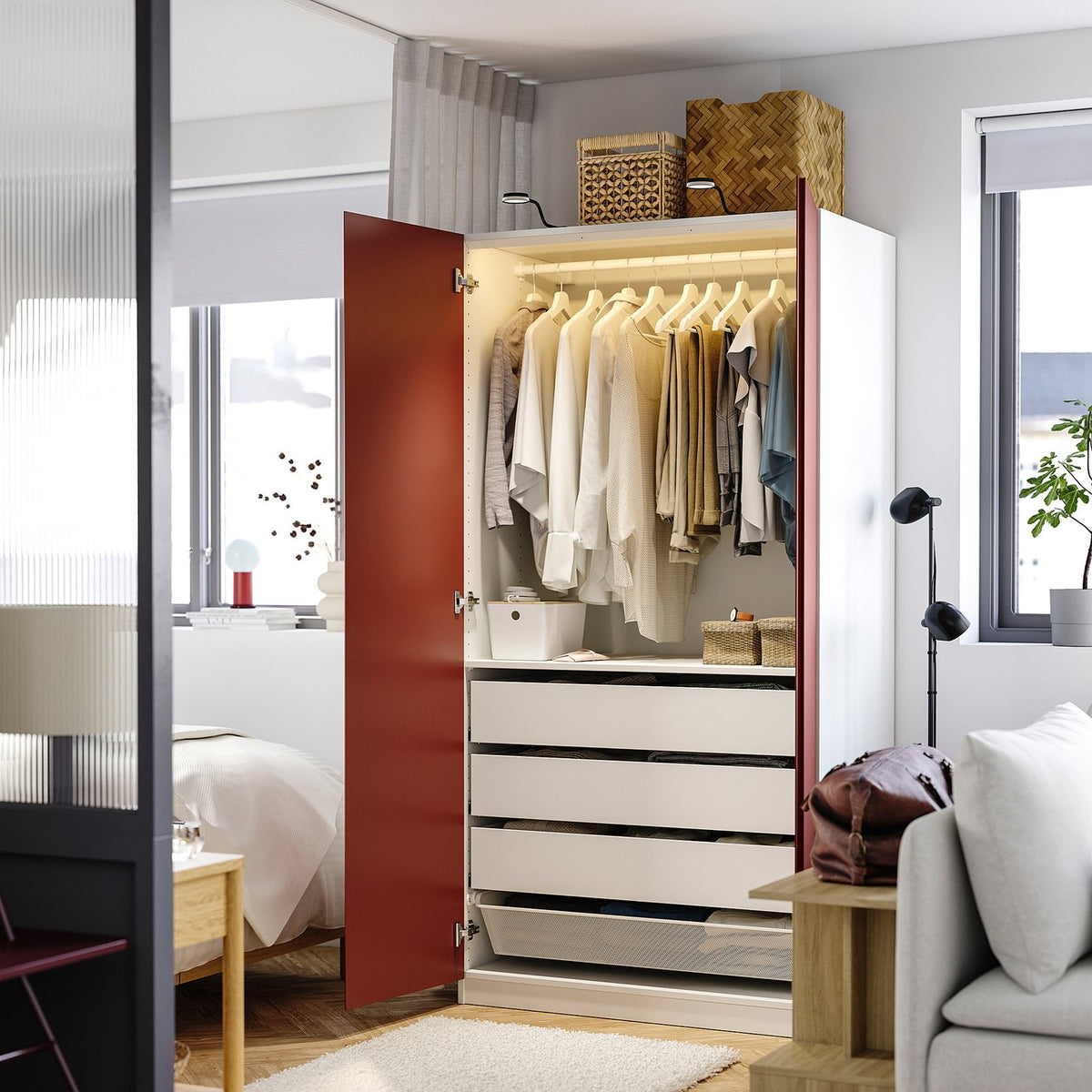 PAX / VIKANES wardrobe combination, white/red-brown, 100x60x201 cm
