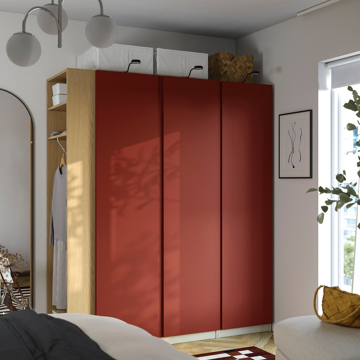 PAX / VIKANES wardrobe combination, grey-beige/red-brown, 150x60x201 cm